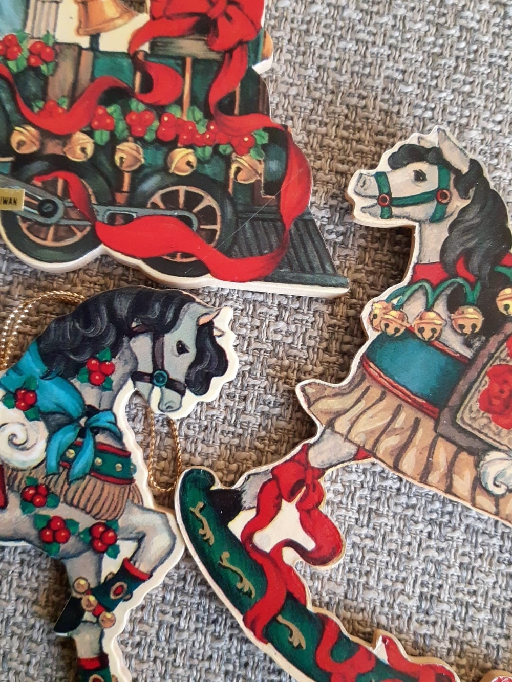 Vintage Wooden Holiday Train and Rocking Horse Ornaments - Set of 3 together